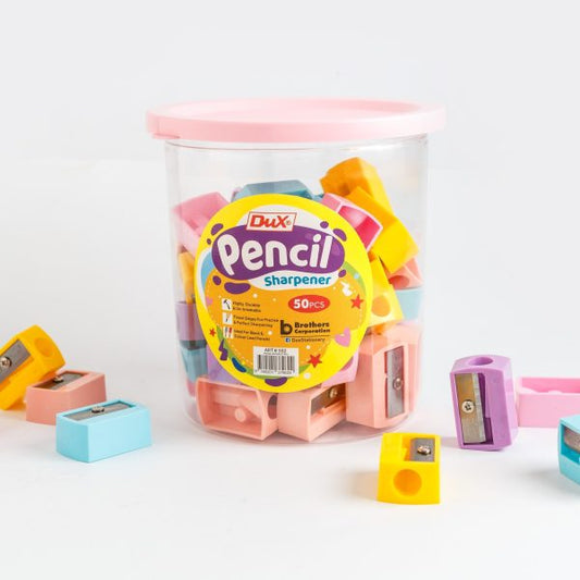 Pack Of 50 Dux Plastic Pencil Sharpeners With 8mm Blade, Durable Multicolor Design & Built-in Transparent Shavings Jar – Ideal For School, Office, Art, And Home Use (multicolor)