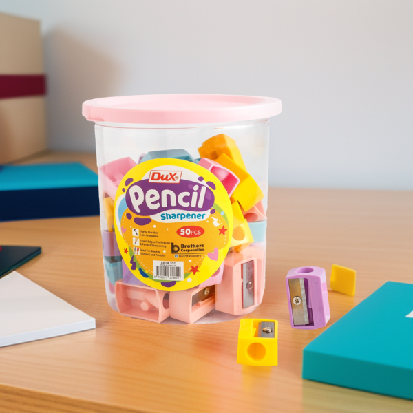 Pack Of 50 Dux Plastic Pencil Sharpeners With 8mm Blade, Durable Multicolor Design & Built-in Transparent Shavings Jar – Ideal For School, Office, Art, And Home Use (multicolor)