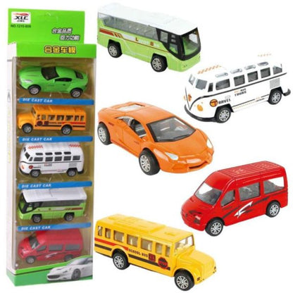 5-piece Die Cast Metal Car And Bus Set – 1:64 Scale City Vehicle Collection For Kids – Pull Back & Release – Durable Metal & Plastic Construction – Educational Toy For Ages 3+