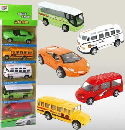 5-piece Die Cast Metal Car And Bus Set – 1:64 Scale City Vehicle Collection For Kids – Pull Back & Release – Durable Metal & Plastic Construction – Educational Toy For Ages 3+