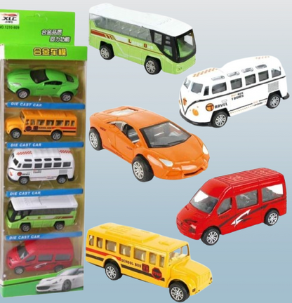 5-piece Die Cast Metal Car And Bus Set – 1:64 Scale City Vehicle Collection For Kids – Pull Back & Release – Durable Metal & Plastic Construction – Educational Toy For Ages 3+