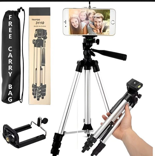 Pack Of 03 3.5 Feet Adjustable Tripod Stand For Mobile Phones And Cameras With Mobile Holder, Portable Dslr Stand For Vlogging, Universal Silver Model 3110 And Bag