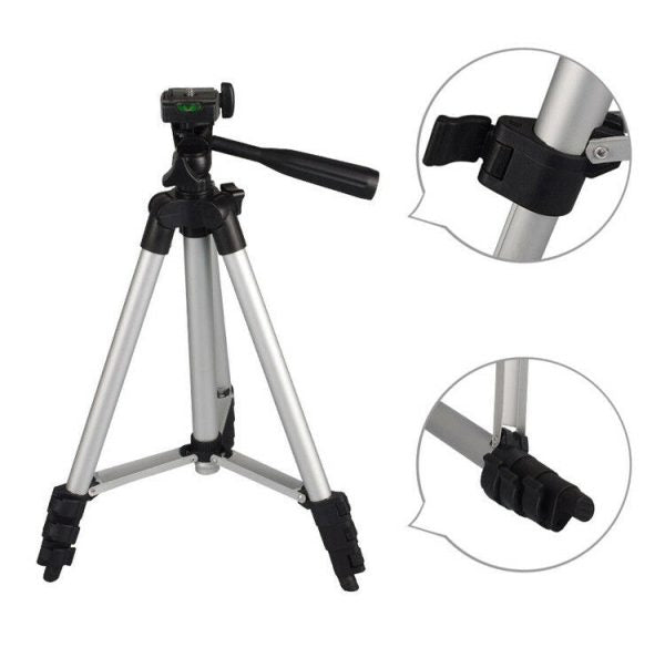 Pack Of 03 3.5 Feet Adjustable Tripod Stand For Mobile Phones And Cameras With Mobile Holder, Portable Dslr Stand For Vlogging, Universal Silver Model 3110 And Bag