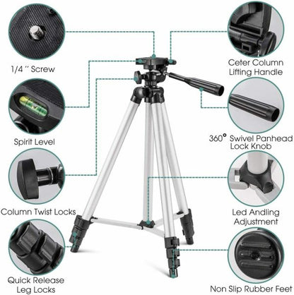 Pack Of 03 3.5 Feet Adjustable Tripod Stand For Mobile Phones And Cameras With Mobile Holder, Portable Dslr Stand For Vlogging, Universal Silver Model 3110 And Bag